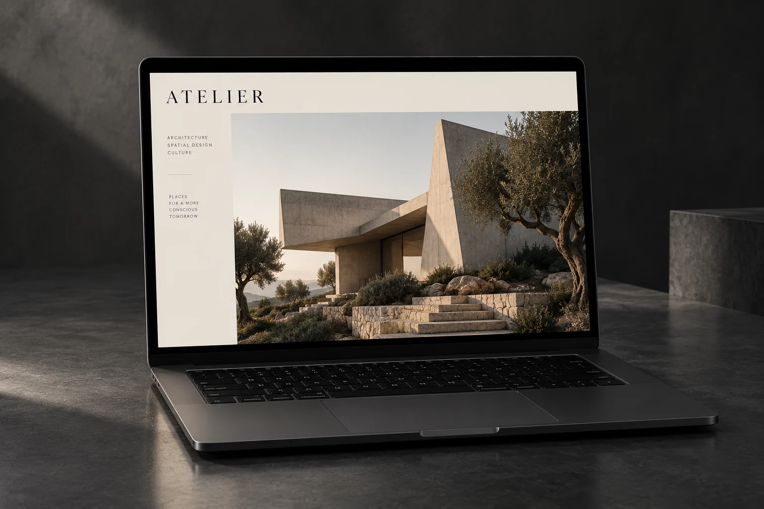 Atelier — vizuelizacija arhitektonskog veb sajta na laptopu