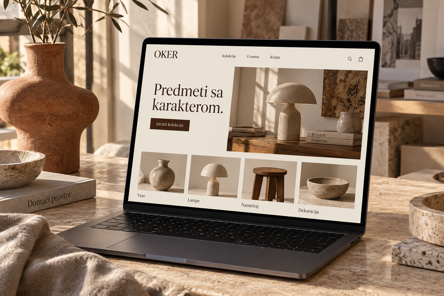 Oker — realističan prikaz internet prodavnice predmeta za dom na laptopu