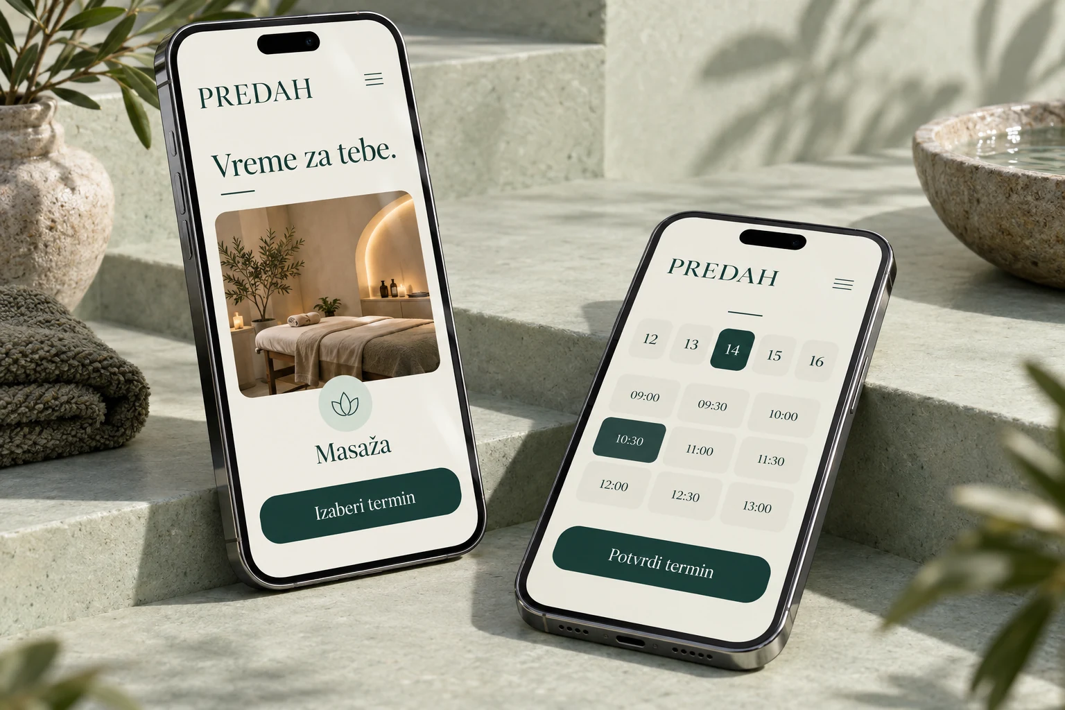 Predah — realističan prikaz aplikacije za zakazivanje wellness tretmana na telefonima